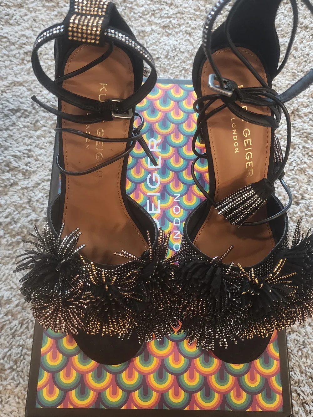 Kurt Geiger Black Pom-Pom Embellished Lace-Up Heels - Picture 6 of 11